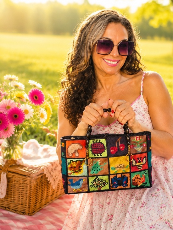 Handbags - Vintage Needlepoint Patchwork Beaded Handle Handbag Floral Cottagecore